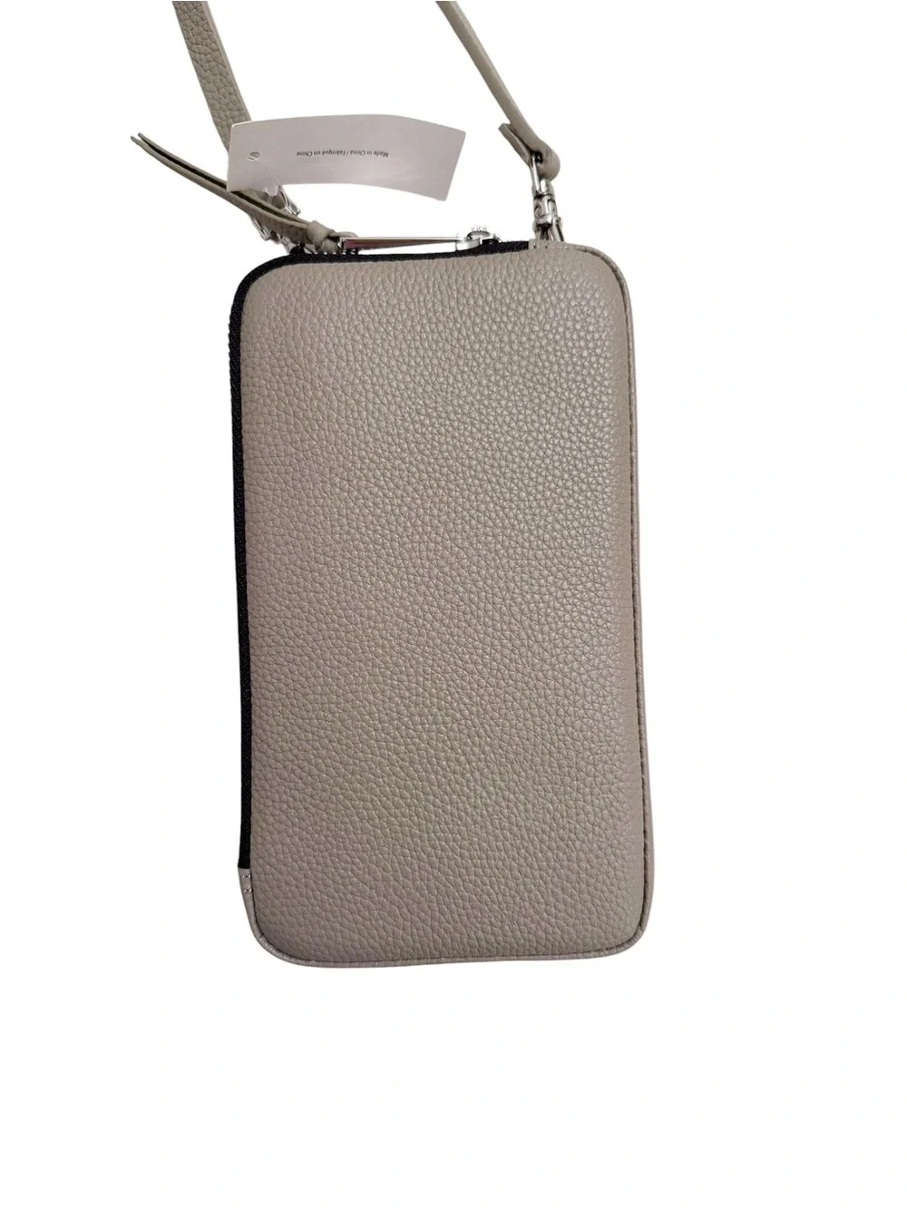 Bandolier Pebbled Leather Expanded Zip Pouch Crossbody in Greige/Silver